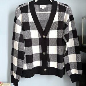Marled Checkered Sweater Cardigan (Black/White) M